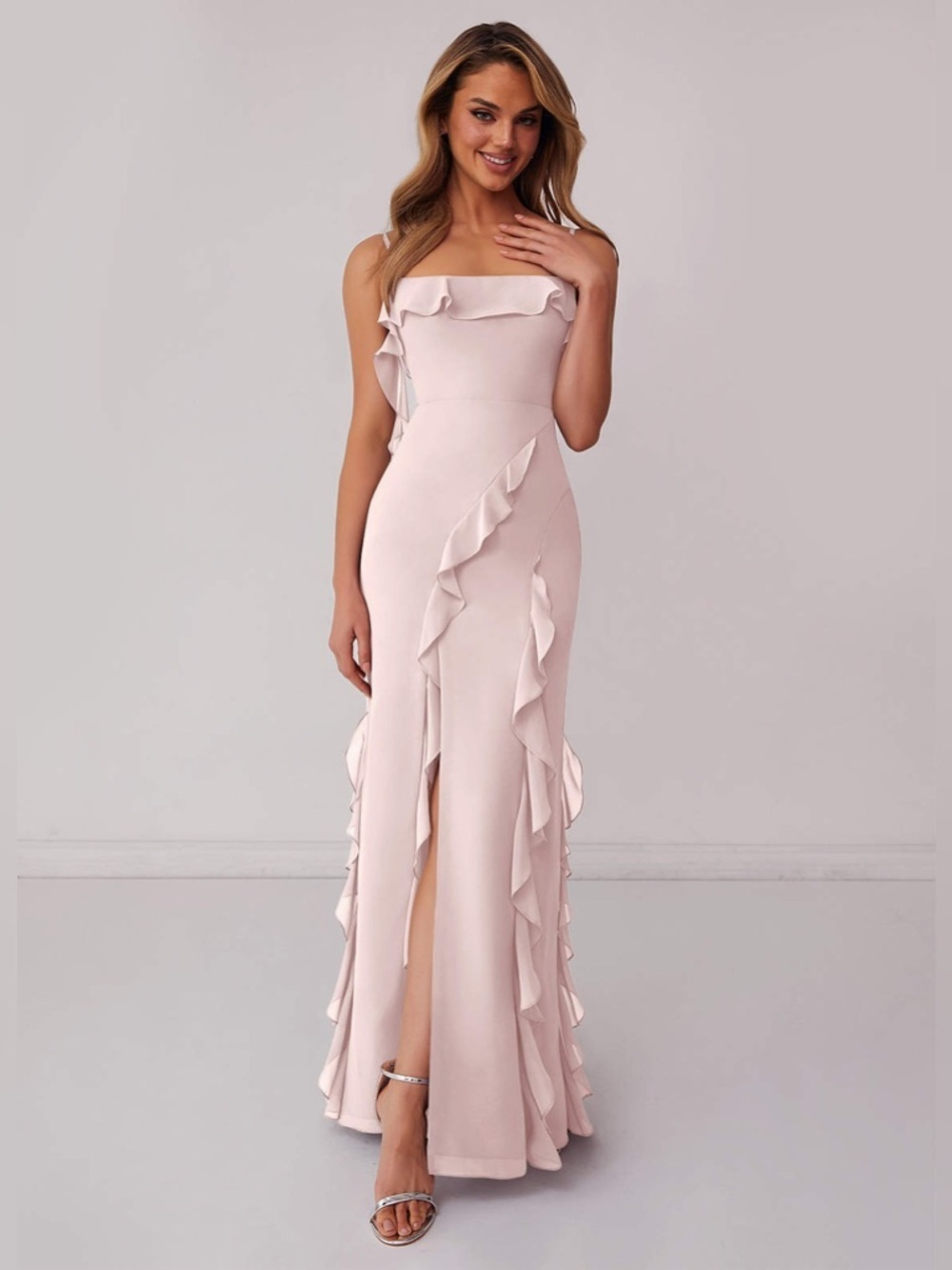 AZAZIE 1001 Blushing Pink Sheath Bow Chiffon Dress maxi gown bridesmaid ruffle